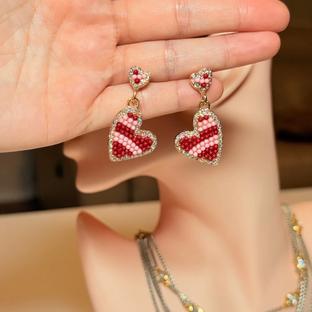 Red Beaded Heart Drop Earrings - Women Jewelry